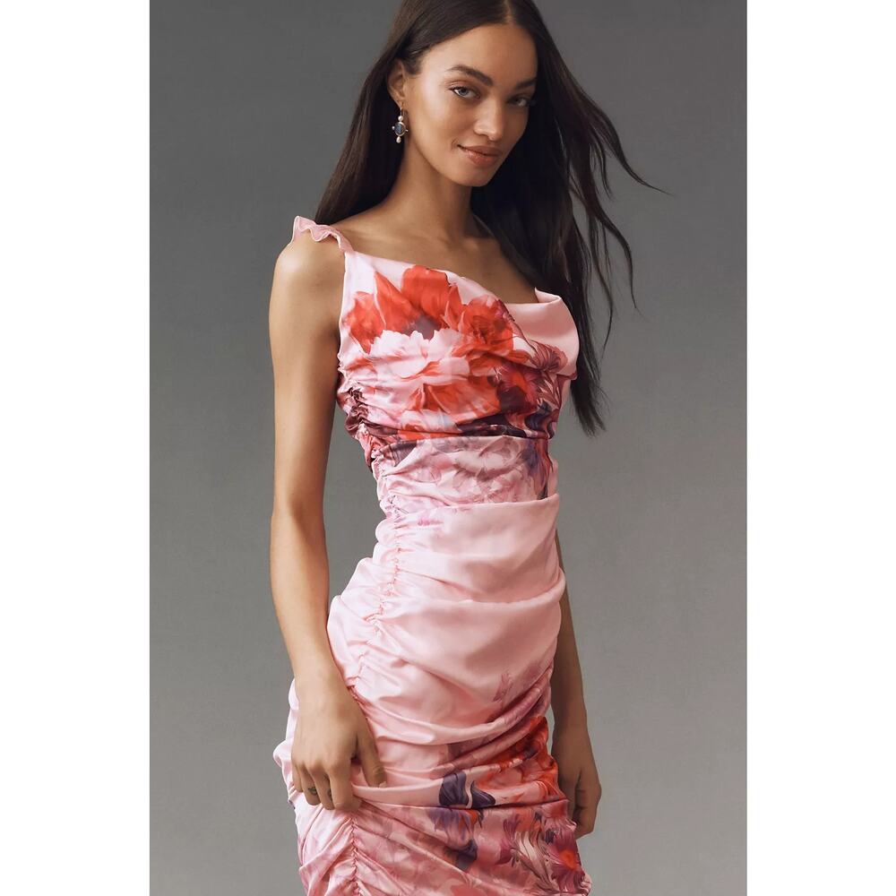 BHLDN Callie Sleeveless Ruched Printed Charmeuse pink Midi Dress - Picture 2 of 11